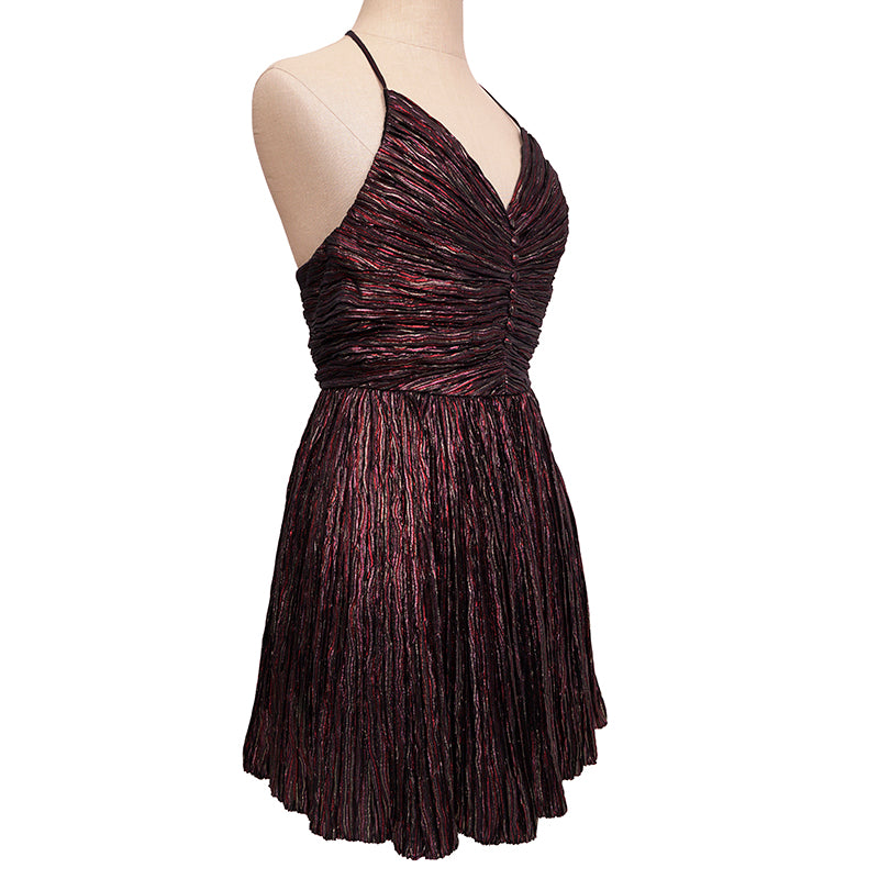 36 NEW $3590 SAINT LAURENT Flame Red LAME HALTER MINI Cocktail PLEATED DRESS XS
