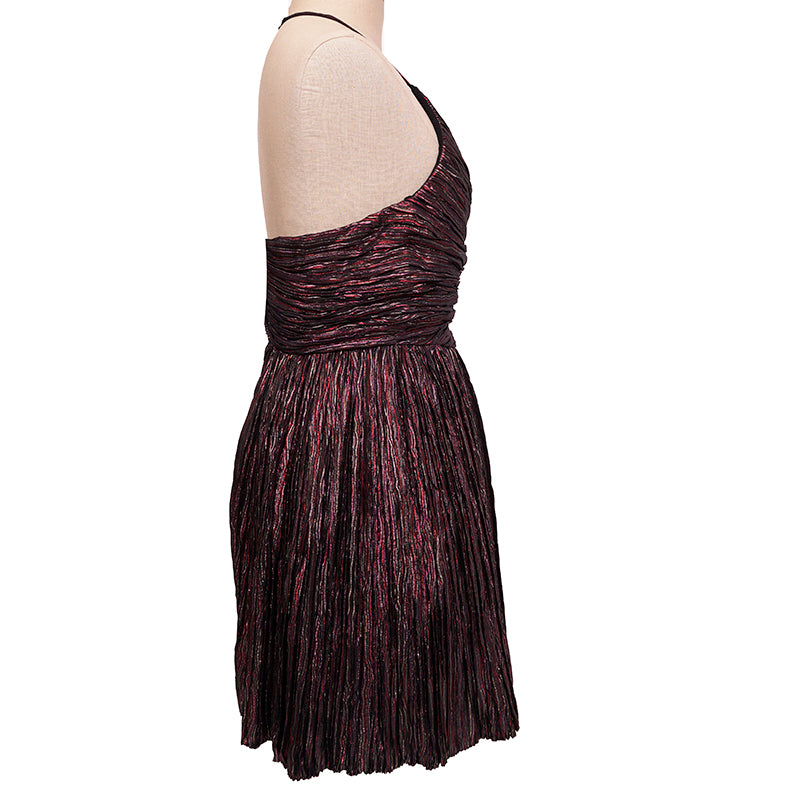 36 NEW $3590 SAINT LAURENT Flame Red LAME HALTER MINI Cocktail PLEATED DRESS XS