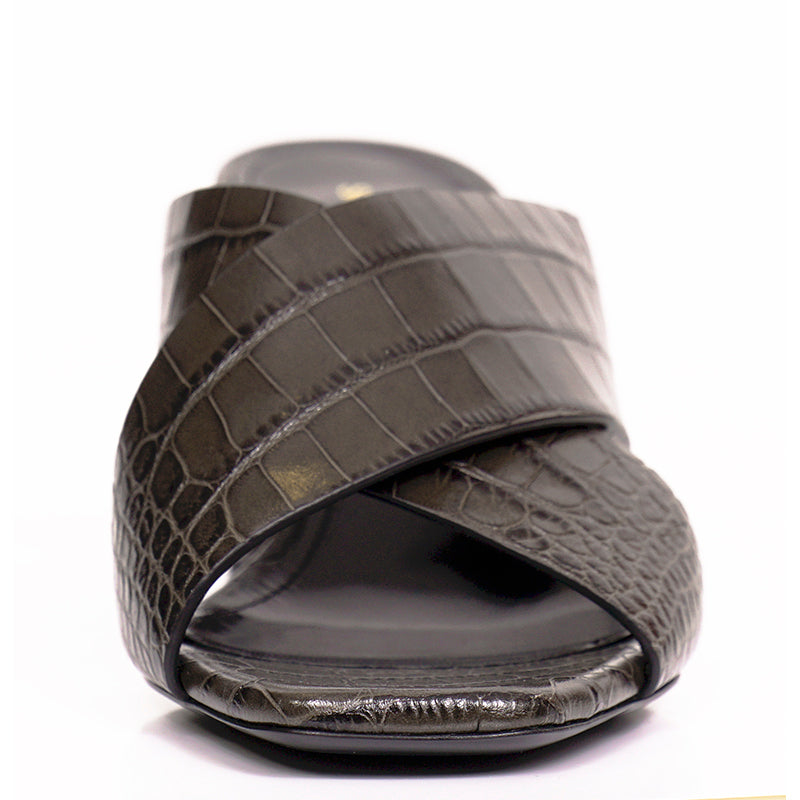 37 NEW $795 SAINT LAURENT Grey Lou Lou 70 Mules CROC EMBOSSED Leather SANDALS