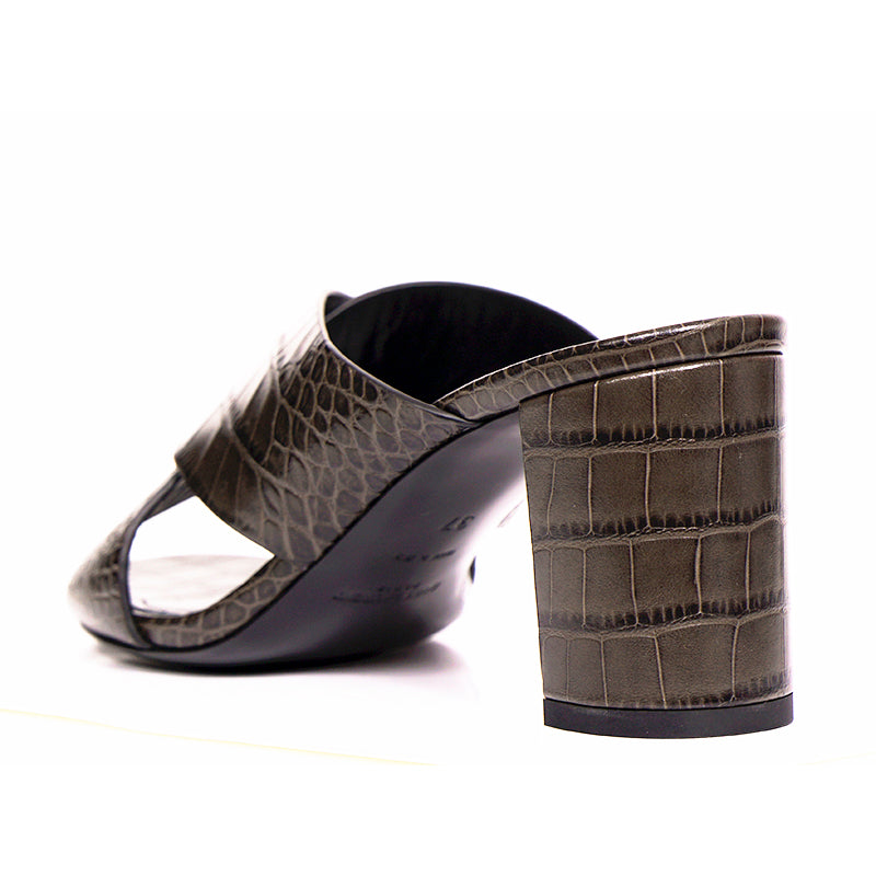 37 NEW $795 SAINT LAURENT Grey Lou Lou 70 Mules CROC EMBOSSED Leather SANDALS
