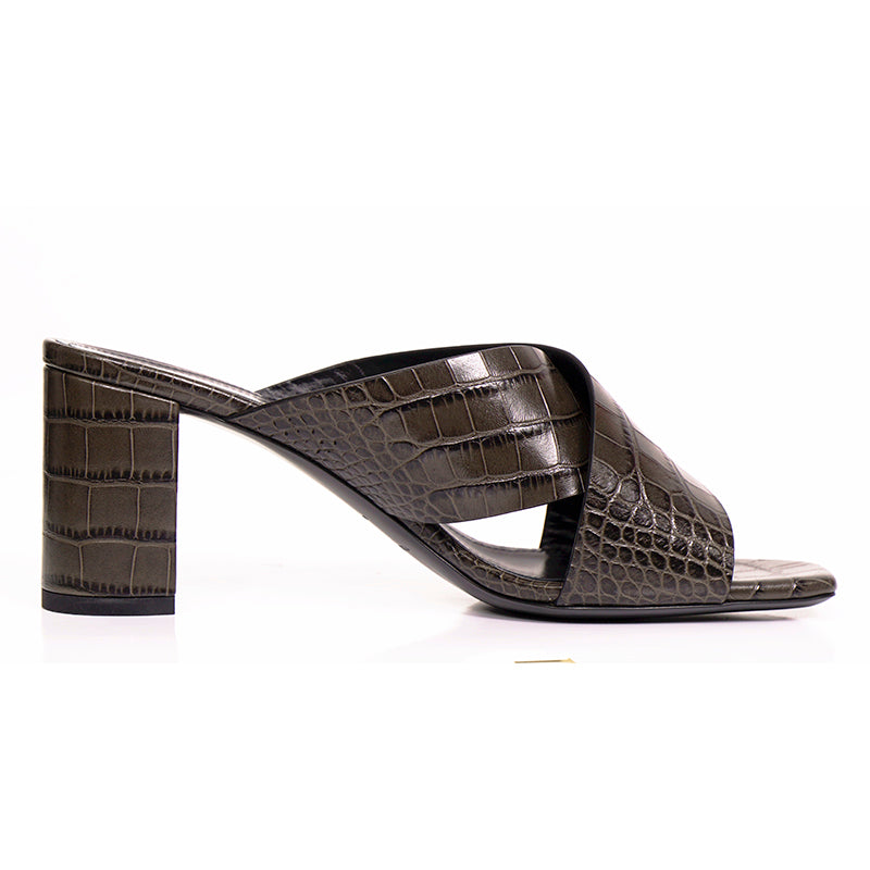 37 NEW $795 SAINT LAURENT Grey Lou Lou 70 Mules CROC EMBOSSED Leather SANDALS