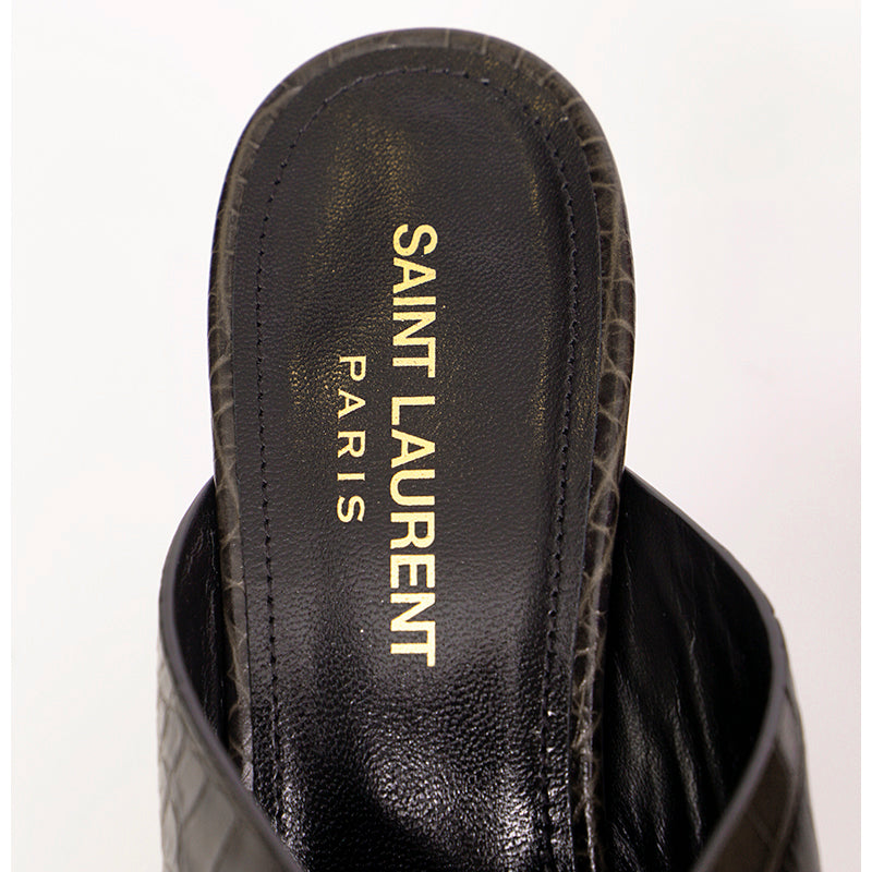 37 NEW $795 SAINT LAURENT Grey Lou Lou 70 Mules CROC EMBOSSED Leather SANDALS