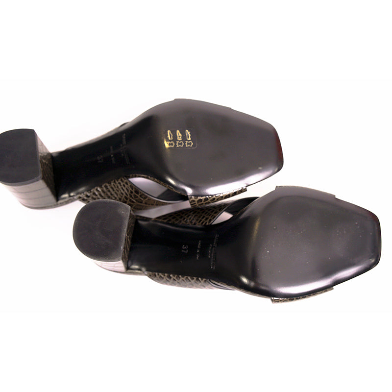 37 NEW $795 SAINT LAURENT Grey Lou Lou 70 Mules CROC EMBOSSED Leather SANDALS