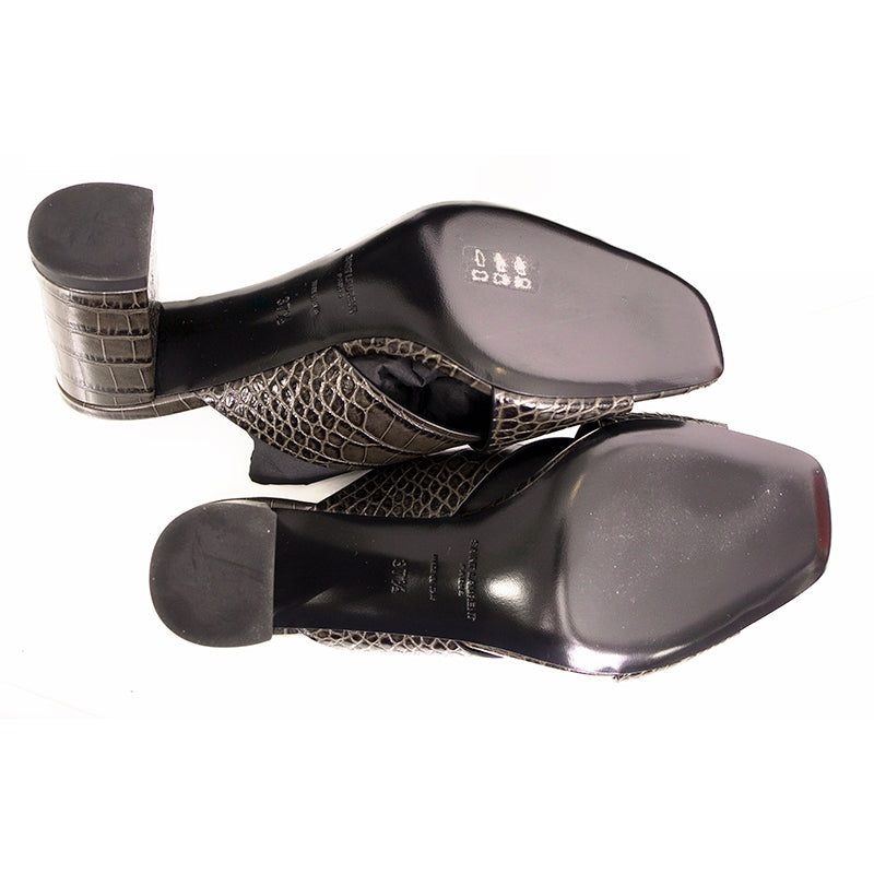 37 NEW $795 SAINT LAURENT Grey Lou Lou 70 Mules CROC EMBOSSED Leather SANDALS