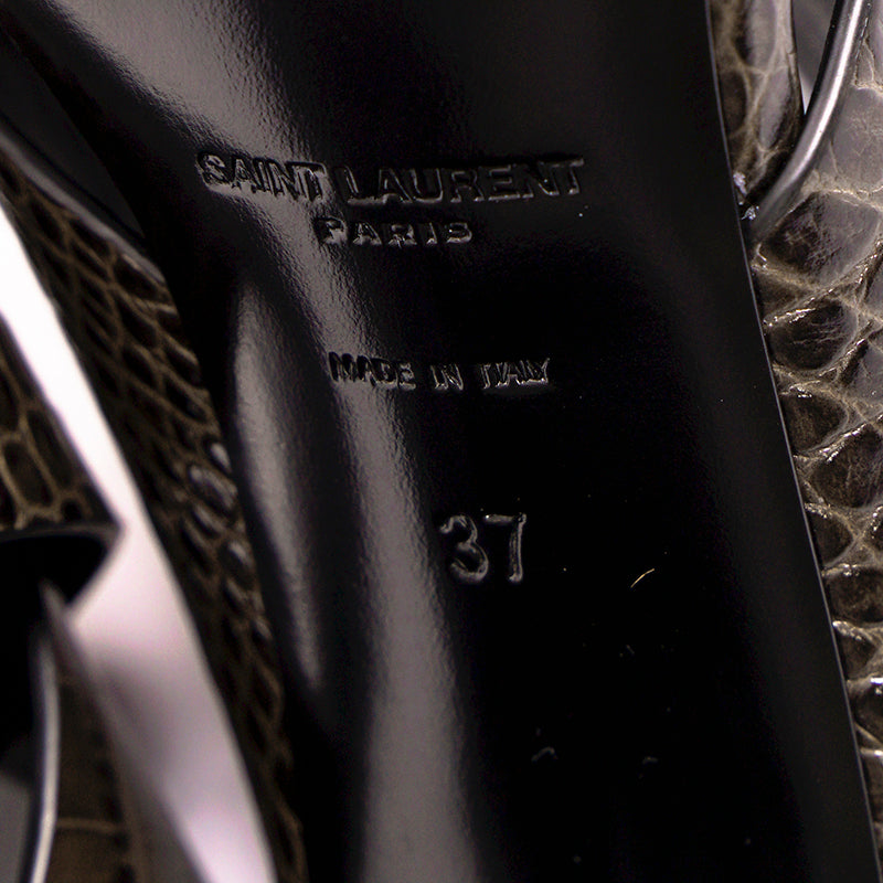 37 NEW $795 SAINT LAURENT Grey Lou Lou 70 Mules CROC EMBOSSED Leather SANDALS