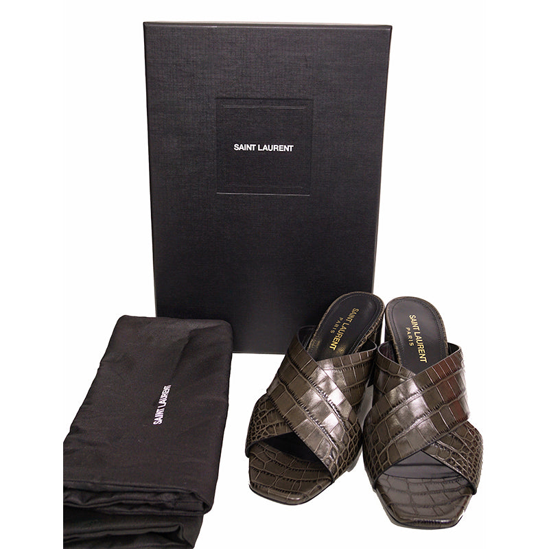 37 NEW $795 SAINT LAURENT Grey Lou Lou 70 Mules CROC EMBOSSED Leather SANDALS