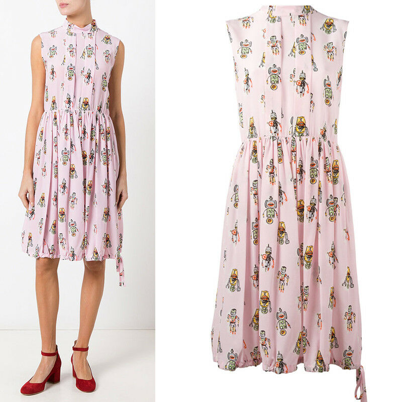 sz 40 NEW $1890 PRADA Pink ROBOT PRINT Drawstring Hem Sleeveless Resort DRESS