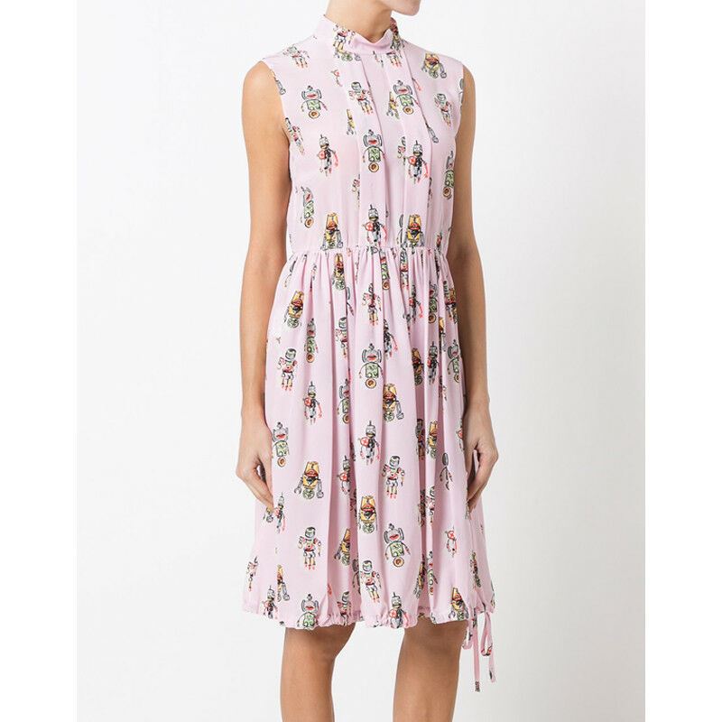 sz 40 NEW $1890 PRADA Pink ROBOT PRINT Drawstring Hem Sleeveless Resort DRESS