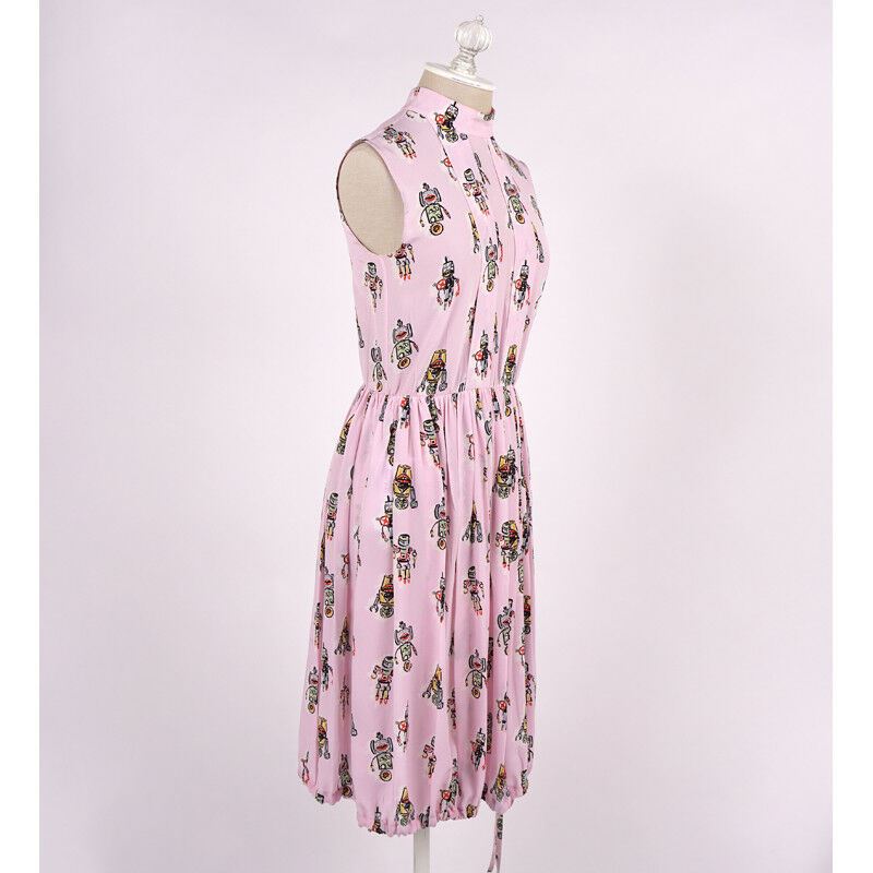sz 40 NEW $1890 PRADA Pink ROBOT PRINT Drawstring Hem Sleeveless Resort DRESS