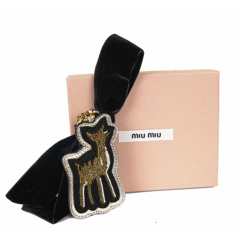 NEW $525 MIU MIU Beaded Embellished DEER & Black Velvet BOW Bag KEYCHAIN TRICK
