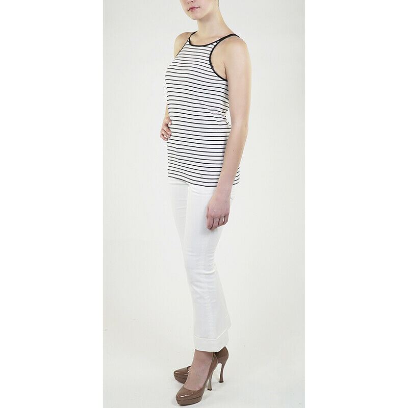 sz L NEW $795 GUCCI White Black Stripe LEATHER TRIM Summer Sleeveless Tank TOP