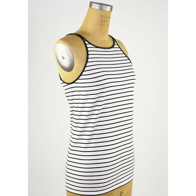 sz L NEW $795 GUCCI White Black Stripe LEATHER TRIM Summer Sleeveless Tank TOP