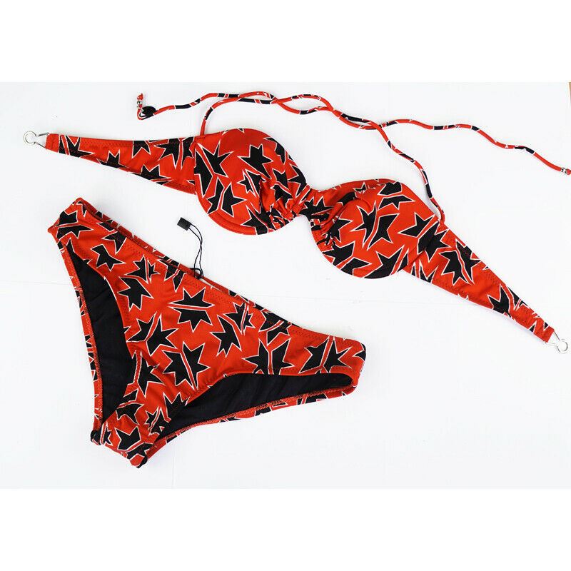 36 XXS NEW $880 MIU MIU Red Black White STAR PRINT Classic Summer BIKINI SWIMSUIT XS