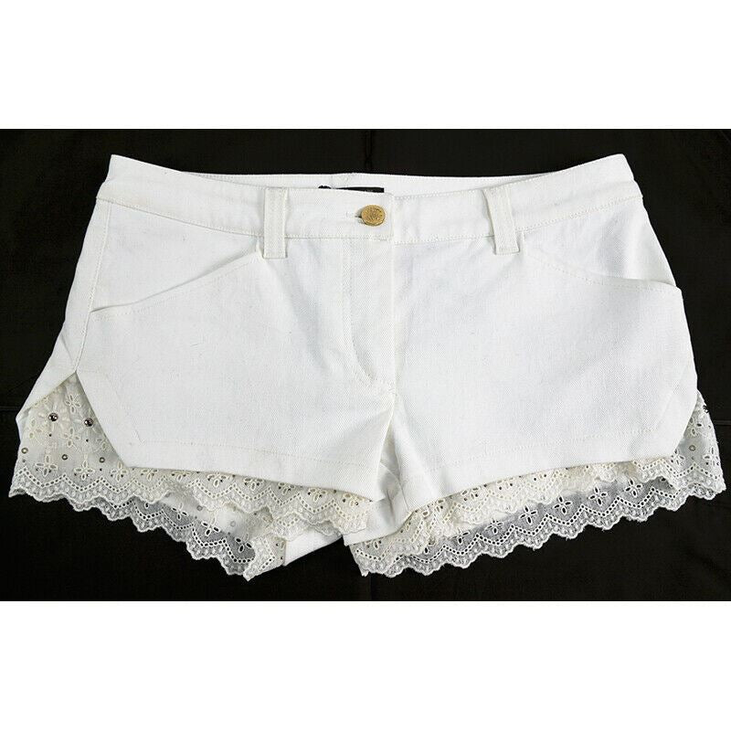 sz 42 S NEW $422 ROBERTO CAVALLI Ivory Cotton LACE TRIM Low Rise FLIRTY SHORTS