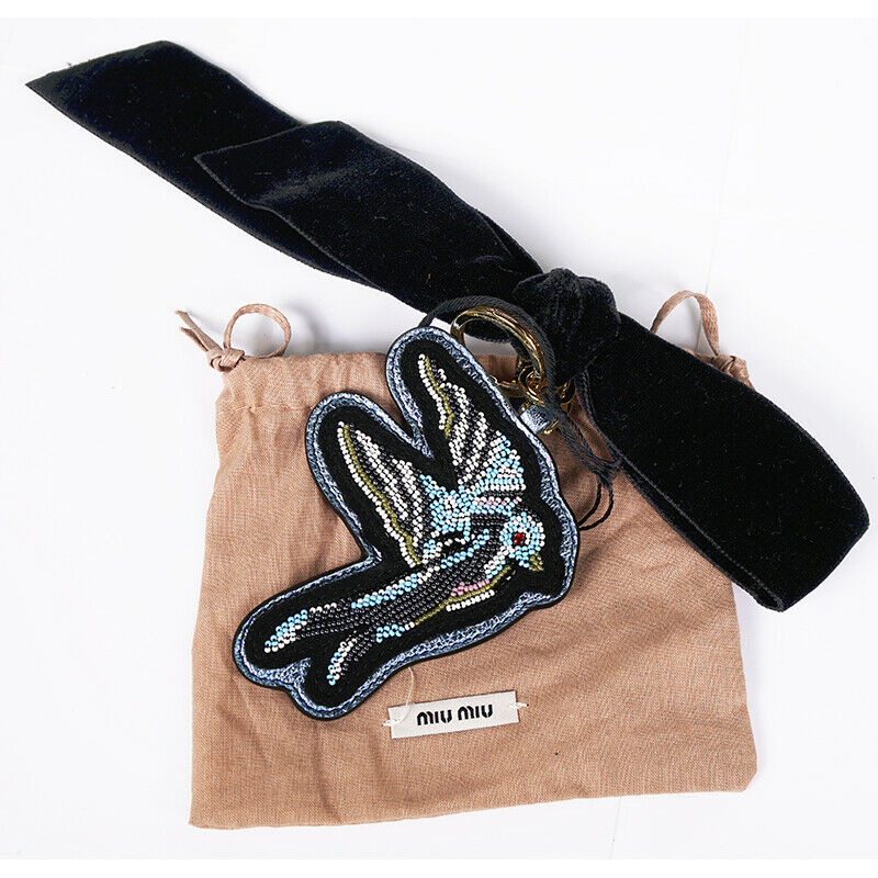 NEW $495 MIU MIU Beaded Embellished SPARROW Black Velvet BOW Bag KEYCHAIN TRICK