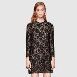 sz 40 NEW $2400 GUCCI Black Sheer FLORAL LACE Long Sleeves DRESS w/ NUDE SLIP