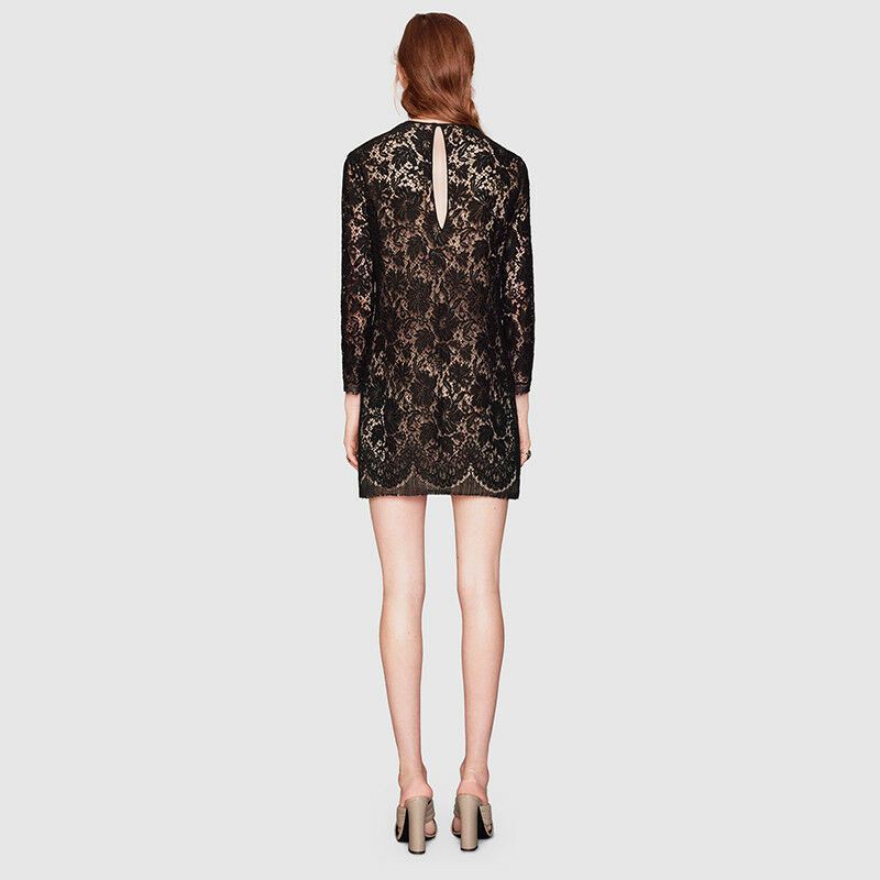 sz 40 NEW $2400 GUCCI Black Sheer FLORAL LACE Long Sleeves DRESS w/ NUDE SLIP