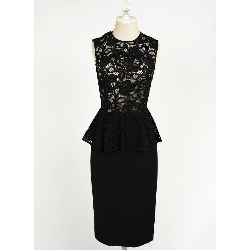 38 40 NEW $2250 SAINT LAURENT Black SHEER LACE UPPER Spring PEPLUM Pencil DRESS