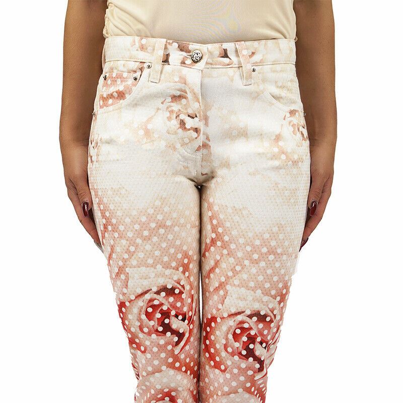 38 & 40 NEW $1155 ROBERTO CAVALLI Pink FLORAL POLKA DOT Skinny Spring JEANS PANTS XS