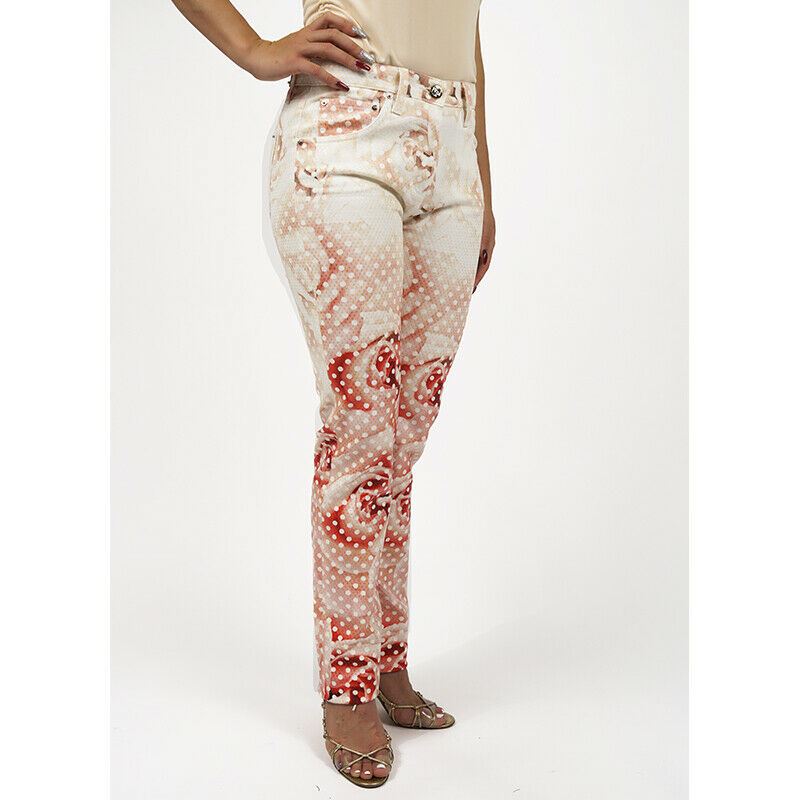 38 & 40 NEW $1155 ROBERTO CAVALLI Pink FLORAL POLKA DOT Skinny Spring JEANS PANTS XS