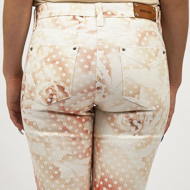 38 & 40 NEW $1155 ROBERTO CAVALLI Pink FLORAL POLKA DOT Skinny Spring JEANS PANTS XS