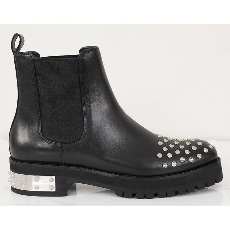 SZ 38.5 NEW $1265 ALEXANDER MCQUEEN Black Leather SILVER STUDDED Chelsea BOOTS