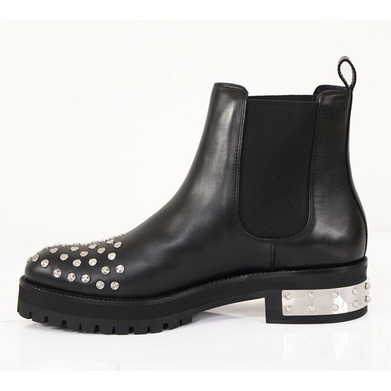SZ 38.5 NEW $1265 ALEXANDER MCQUEEN Black Leather SILVER STUDDED Chelsea BOOTS