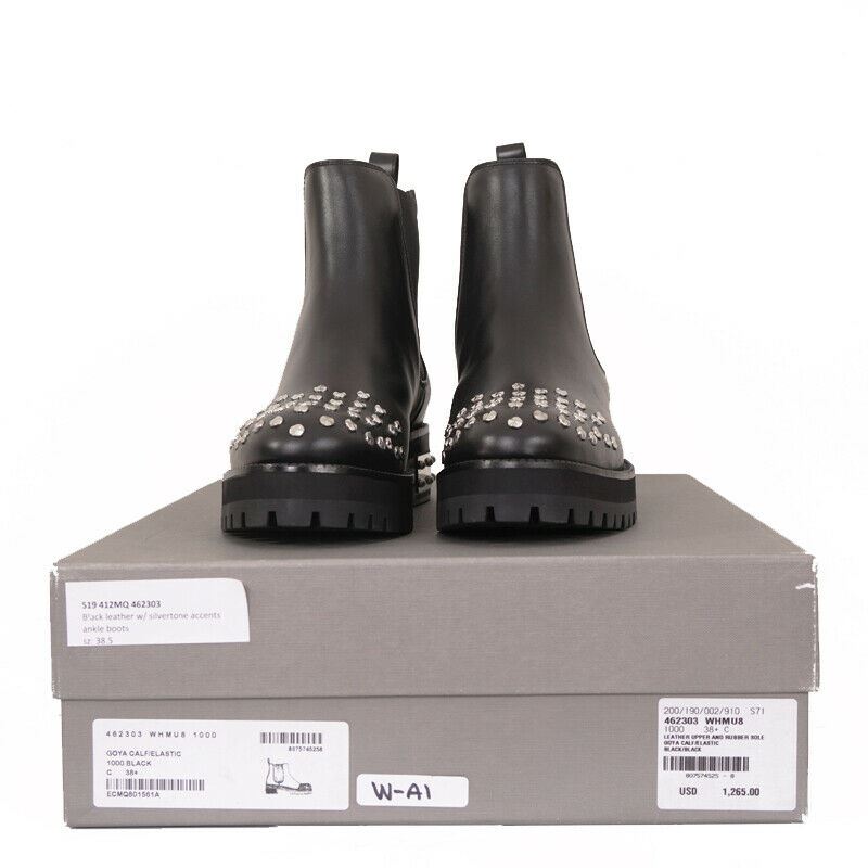 SZ 38.5 NEW $1265 ALEXANDER MCQUEEN Black Leather SILVER STUDDED Chelsea BOOTS
