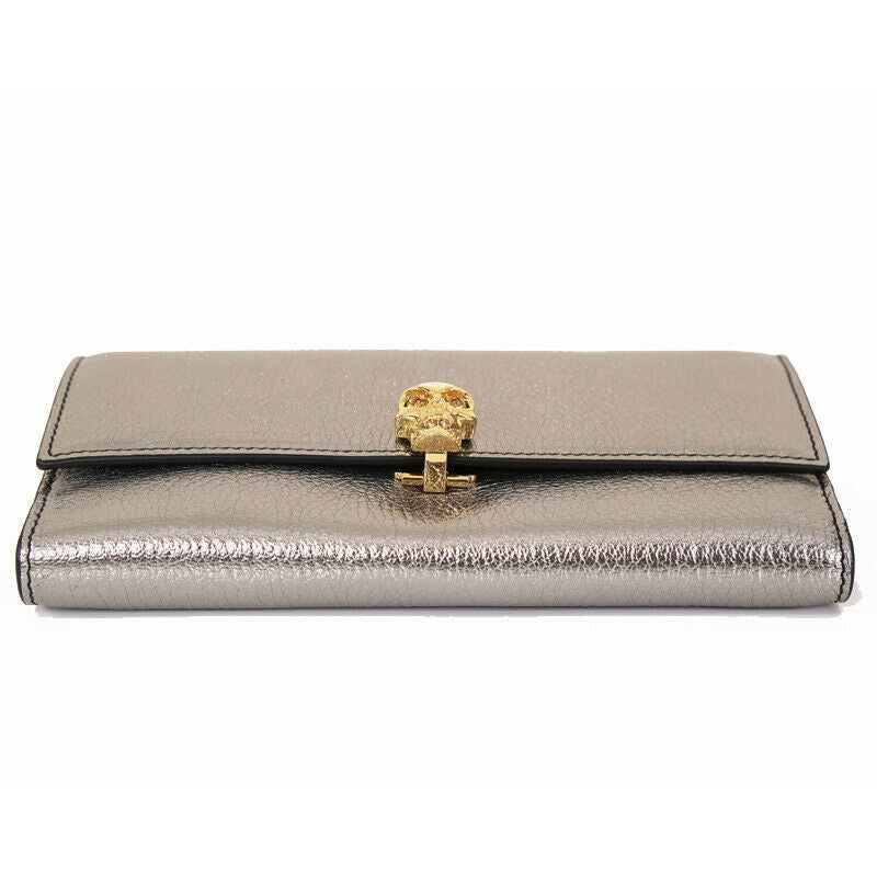 NEW $700 ALEXANDER MCQUEEN Gray Leather GOLD CRYSTAL SKULL Continental WALLET