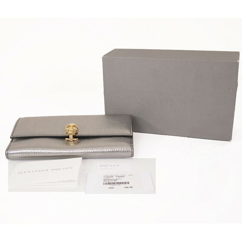 NEW $700 ALEXANDER MCQUEEN Gray Leather GOLD CRYSTAL SKULL Continental WALLET