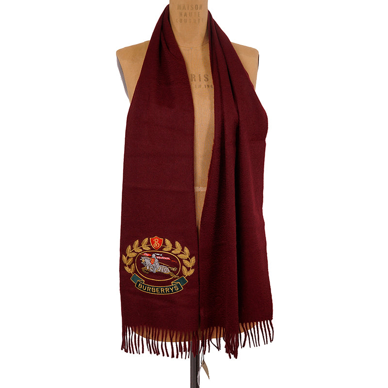 NEW $430 BURBERRY Dark Red 100% CASHMERE Embroidered Crest Cashmere SCARF