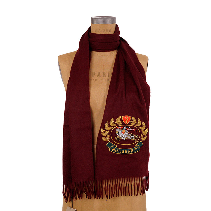 NEW $430 BURBERRY Dark Red 100% CASHMERE Embroidered Crest Cashmere SCARF