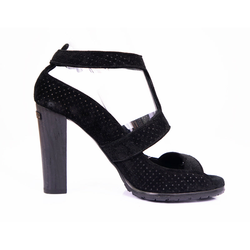36 NEW $695 BURBERRY Black Perforated Suede T-STRAP HIGH CHUNKY HEELS SANDALS 6