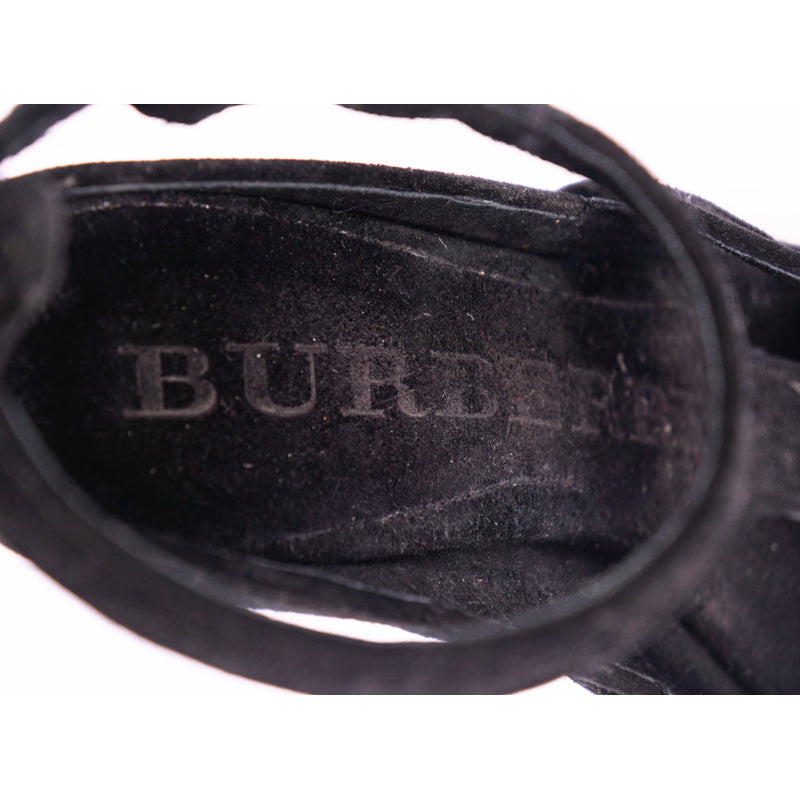 36 NEW $695 BURBERRY Black Perforated Suede T-STRAP HIGH CHUNKY HEELS SANDALS 6