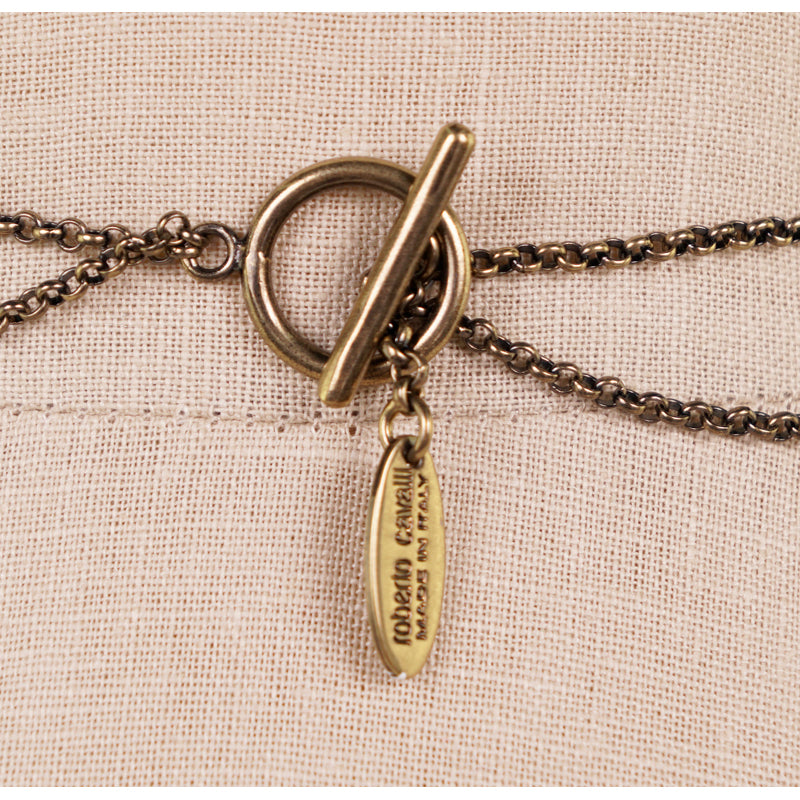 NEW $555 ROBERTO CAVALLI Brass Gold ART DECO HAND Double Chain Long NECKLACE NWT