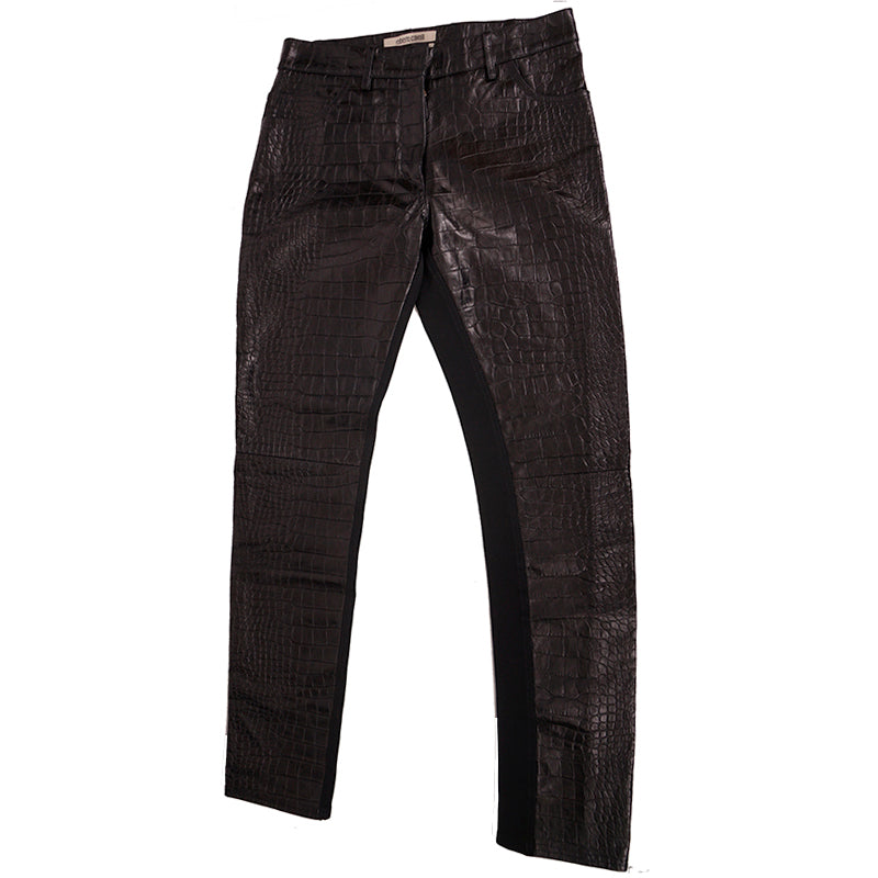 40 XS NEW $2495 ROBERTO CAVALLI Runway Black LEATHER PANELED Croc Embossed PANTS