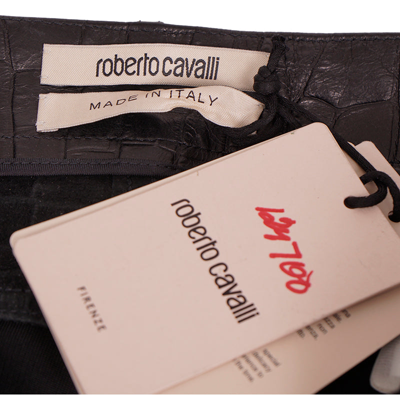 40 XS NEW $2495 ROBERTO CAVALLI Runway Black LEATHER PANELED Croc Embossed PANTS