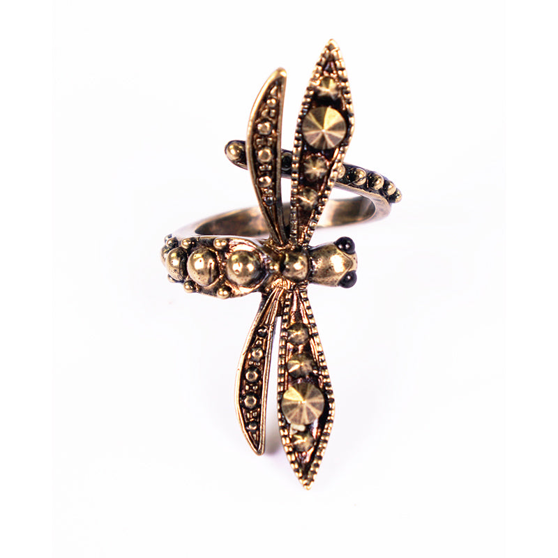 sz 6.5 NEW $325 ROBERTO CAVALLI Gold tone Brass DRAGONFLY STUDDED Whimsy RING