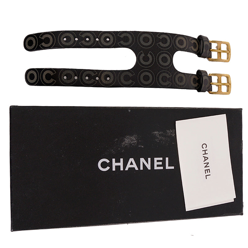AUTHENTIC CHANEL Coco Double Buckle VINTAGE 2001 Leather CUFF BRACELET w/ BOX