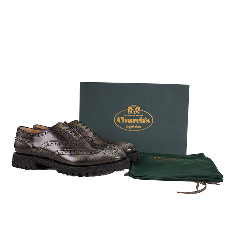 39.5 NEW $925 CHURCH'S Woman's Gray Green POLISHED TARTEN PLAID Leather OXFORDS