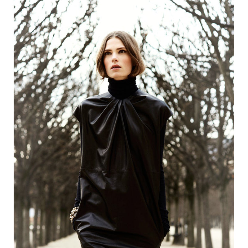 sz 38 NEW $5700 CHRISTIAN DIOR Runway Black LEATHER Bubble MINI DRESS w/ POCKETS