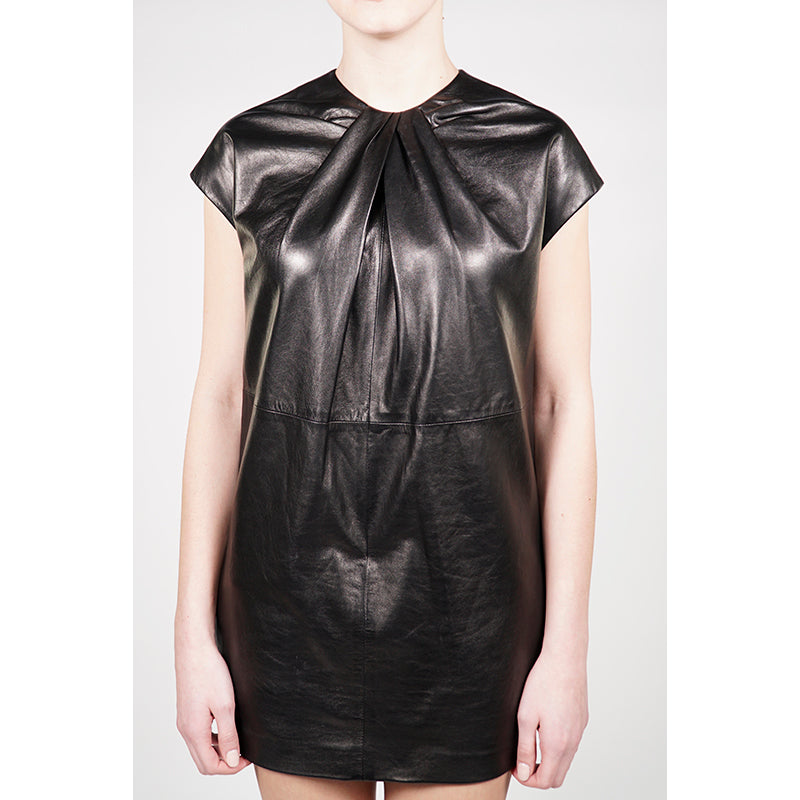 sz 38 NEW $5700 CHRISTIAN DIOR Runway Black LEATHER Bubble MINI DRESS w/ POCKETS