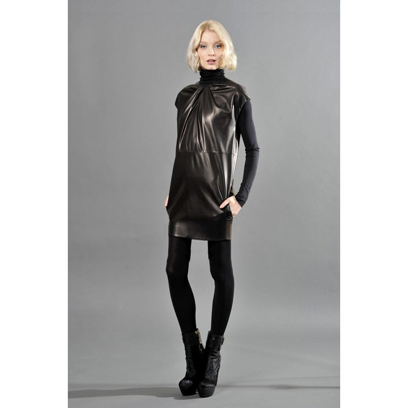 sz 38 NEW $5700 CHRISTIAN DIOR Runway Black LEATHER Bubble MINI DRESS w/ POCKETS