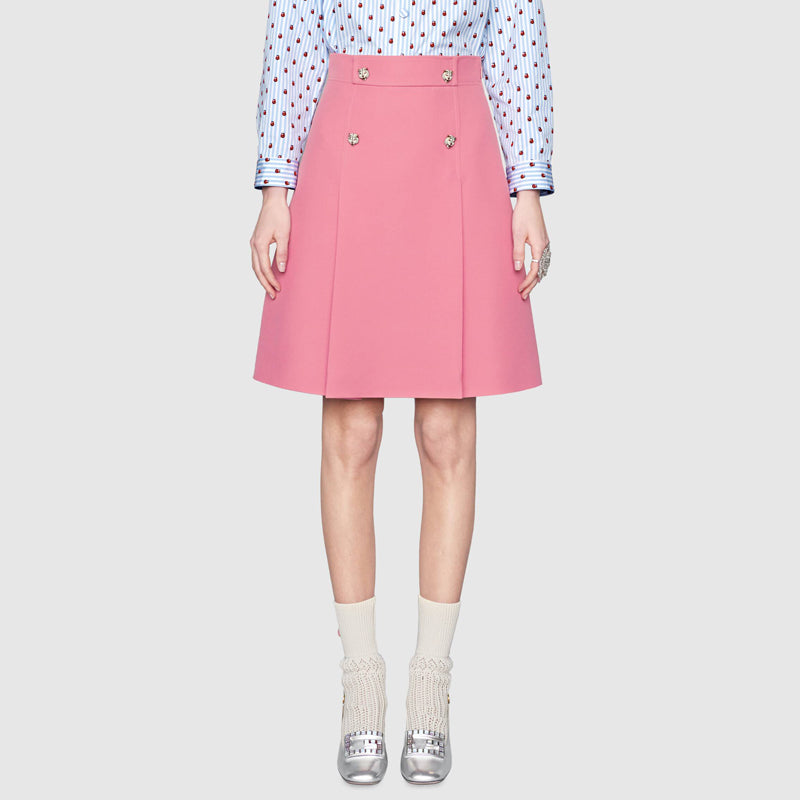 sz 38 NEW $1,500 GUCCI Pink Wool Cady A-Line Pleated FELINE BUTTONS Spring SKIRT