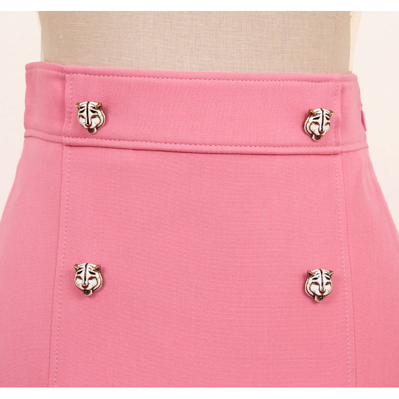 sz 38 NEW $1,500 GUCCI Pink Wool Cady A-Line Pleated FELINE BUTTONS Spring SKIRT