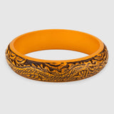 S NEW $520 GUCCI RUNWAY Aged Yellow CHINESE DRAGON Carved Resin Bangle BRACELET