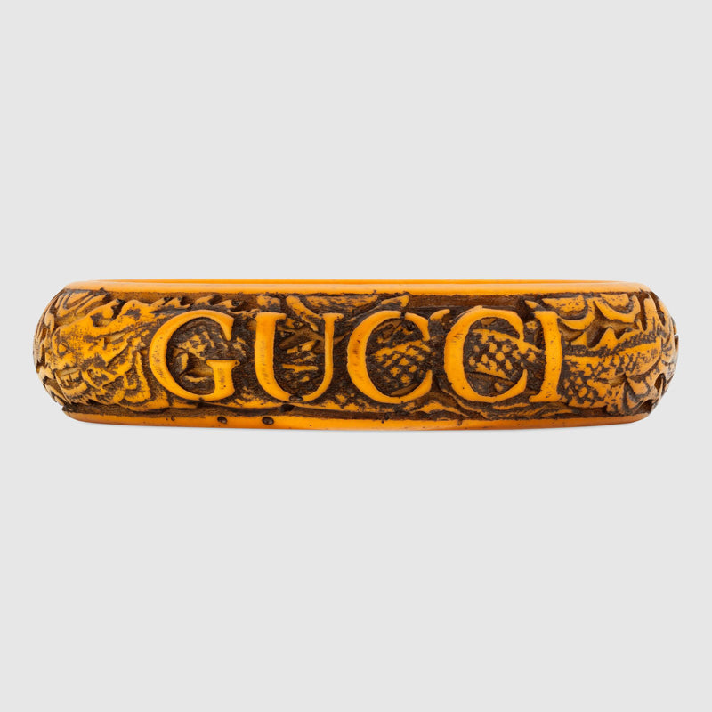 S NEW $520 GUCCI RUNWAY Aged Yellow CHINESE DRAGON Carved Resin Bangle BRACELET