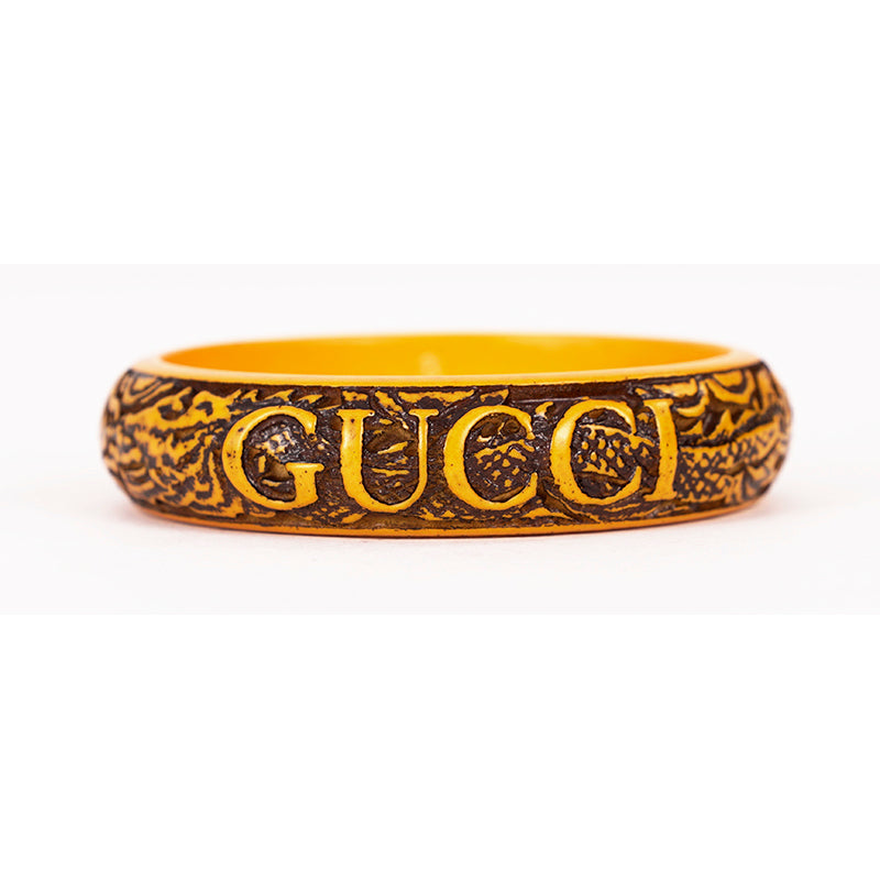 S NEW $520 GUCCI RUNWAY Aged Yellow CHINESE DRAGON Carved Resin Bangle BRACELET