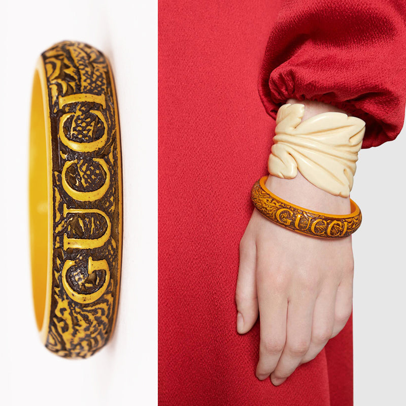 S NEW $520 GUCCI RUNWAY Aged Yellow CHINESE DRAGON Carved Resin Bangle BRACELET
