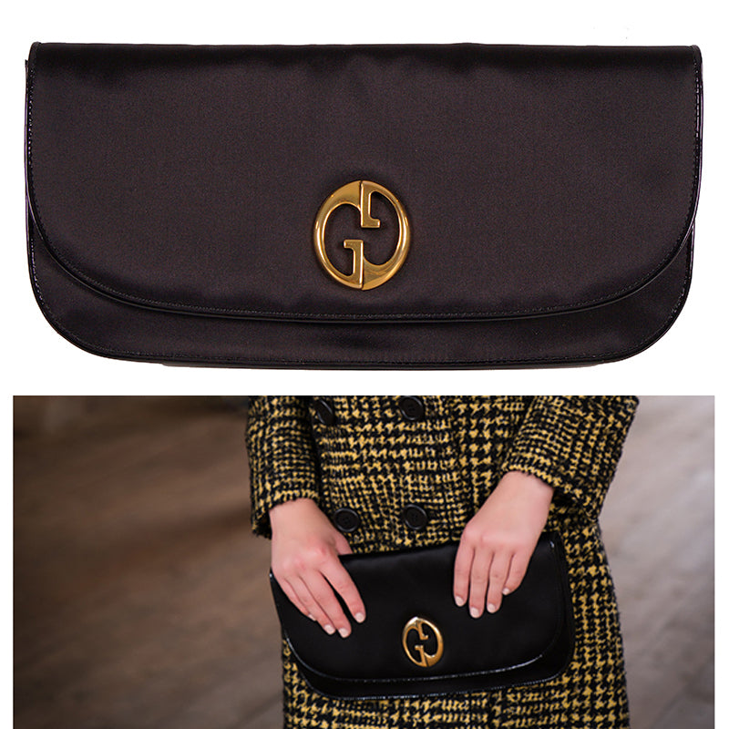 NEW $1100 GUCCI RUNWAY GG1973 Black Satin PATENT PIPING Evening LARGE Clutch BAG